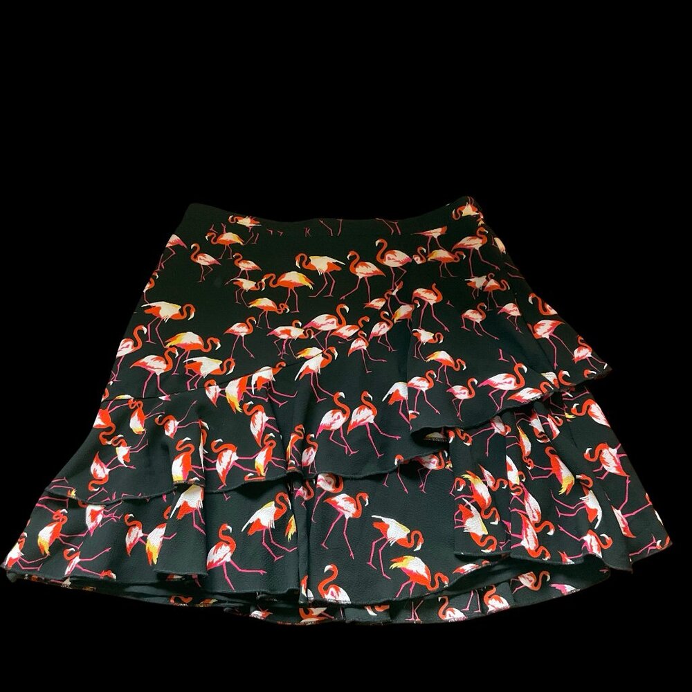 Black/Pink Flamingo Print Tiered Ruffle Skirt